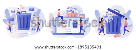 Delete concept. Tiny people deleting data and move unnecessary files to the trash bin. Modern flat cartoon style. Vector illustration on white background