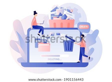 Delete concept. Tiny people deleting data on laptop and move unnecessary files to the trash bin. Cleaning digital memory. Modern flat cartoon style. Vector illustration on white background