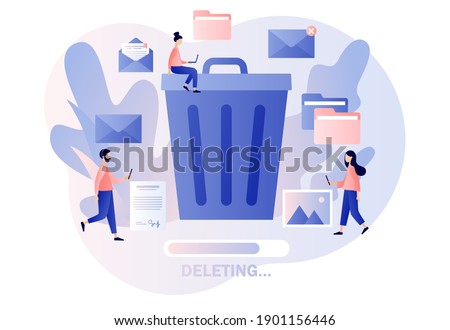 Delete concept. Tiny people deleting data and move unnecessary files to the big trash bin. Cleaning digital memory. Modern flat cartoon style. Vector illustration on white background