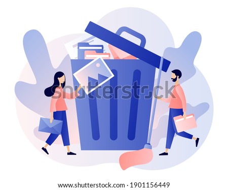 Tiny people deleting file and move unnecessary files to the big trash bin. Delete concept. Cleaning digital memory. Modern flat cartoon style. Vector illustration on white background
