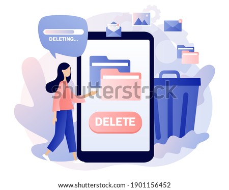 Delete concept. Tiny woman deleting data on smartphone. Move unnecessary files to the trash bin. Cleaning digital memory. Modern flat cartoon style. Vector illustration on white background