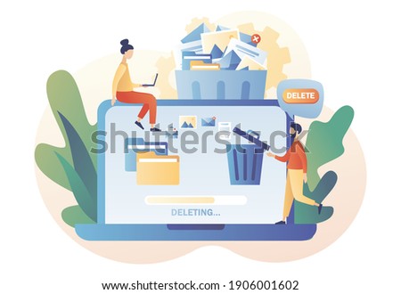 Tiny people deleting data on laptop and move unnecessary files to the trash bin. Delete concept. Cleaning digital memory. Modern flat cartoon style. Vector illustration on white background