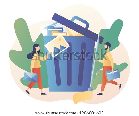 Delete concept. Cleaning digital memory. Tiny people deleting file and move unnecessary files to the big trash bin. Modern flat cartoon style. Vector illustration on white background