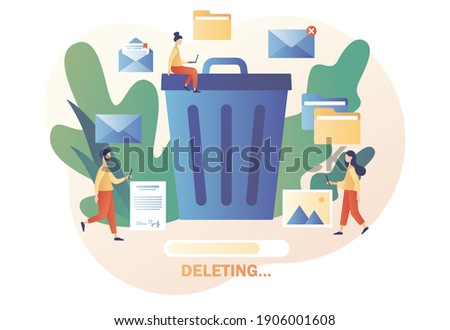 Delete concept. Cleaning digital memory. Tiny people deleting data and move unnecessary files to the big trash bin. Modern flat cartoon style. Vector illustration on white background