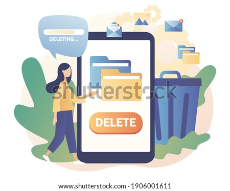 Tiny woman deleting data on smartphone. Move unnecessary files to the trash bin. Delete concept. Cleaning digital memory. Modern flat cartoon style. Vector illustration on white background