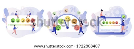 Emotions concept. Mood scale with arrow from green to red. Tiny people leave feedback. Emoji set for mood tracker. Excellent, good and normal, bad and awful. Modern flat cartoon style. Vector 商業照片 © 