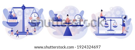 Work and life balance. Tiny people keep harmony choose between career and money versus love and time, leisure or business. Modern flat cartoon style. Vector illustration on white background