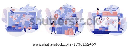 Global logistics network. Export, import, warehouse business, transportation. Business logistics. On-time delivery. Modern flat cartoon style. Vector illustration on white background