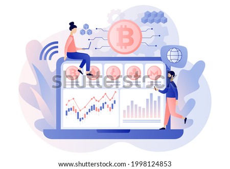 Crypto currency. Bitcoin, altcoin. Tiny people trading and investing use laptop. Digital web money. Blockchain. Fintech industry. Business, finance. Modern flat cartoon style. Vector illustration