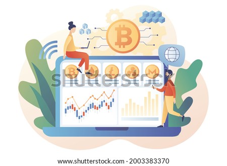 Crypto currency. Tiny people trading and investing use laptop. Bitcoin, altcoin. Digital web money. Blockchain. Fintech industry. Business, finance. Modern flat cartoon style. Vector illustration