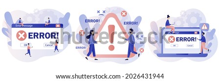 Error message. Tiny people examining operating system error warning window on smartphone and computer. Modern flat cartoon style. Vector illustration on white background