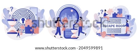 Escape room. Quest room. Tiny people trying to solve puzzles, find key, gettout of trap, finding conundrum solution. Exit maze. Modern flat cartoon style. Vector illustration on white background Foto stock © 