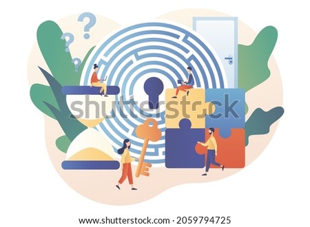Escape room. Tiny people trying to solve puzzles, find key, gettout of trap, finding conundrum solution. Exit maze. Quest room. Modern flat cartoon style. Vector illustration on white background Foto stock © 