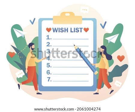 Wishlist concept. Personal favourites list. Gift and shopping list. Tiny people writing down wishes. Order and payment. Modern flat cartoon style. Vector illustration on white background