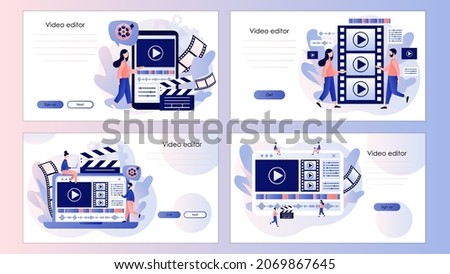Video editor. Tiny people making multimedia content production and footage editing. Video maker. Screen template for landing page, template, ui, web, mobile app, poster, banner, flyer. Vector 