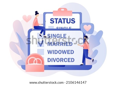 Marital status. Online checkbox list with single, married, widowed and divorced options for tiny people. Legal status change. Relationship concept. Modern flat cartoon style. Vector illustration