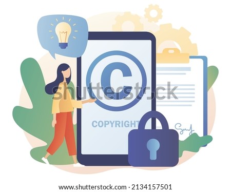 Intellectual property. Copyright. Tiny woman author protecting idea's legal information with trademark online. Trading data licenses. Modern flat cartoon style. Vector illustration on white background