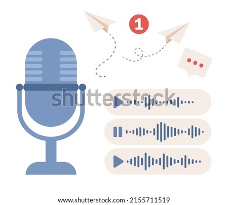 Voice message icon. Recording voice, personal assistant, podcast concept. Sound wave,  microphone and notification sign. Vector flat illustration 