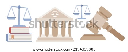 Law and justice icon set. Scales of justice, courthouse and judge's gavel. Supreme Court. Legal services, services of lawyer, notary. Vector flat illustration 