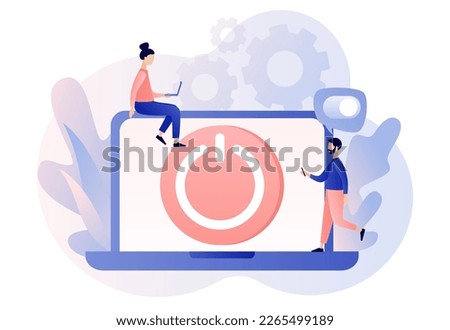 On Off button on laptop screen. Tiny people press switch. Characters turning off and turning on devices. Save energy concept. Modern flat cartoon style. Vector illustration on white background
