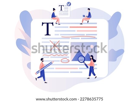 Editor and copywriting services online. Tiny people copywriters  editing, checking grammar and spelling document page. Modern flat cartoon style. Vector illustration on white background

