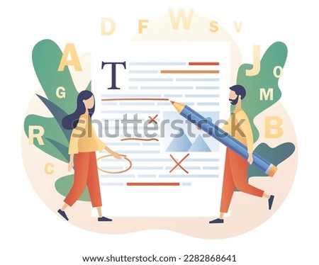 Editor and copywriting services. Tiny people copywriters checking grammar and spelling document page. Online editing. Modern flat cartoon style. Vector illustration on white background