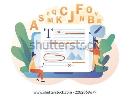 Editor and copywriting services online. Tiny people copywriters checking grammar and spelling document page. Editing on laptop. Modern flat cartoon style. Vector illustration on white background