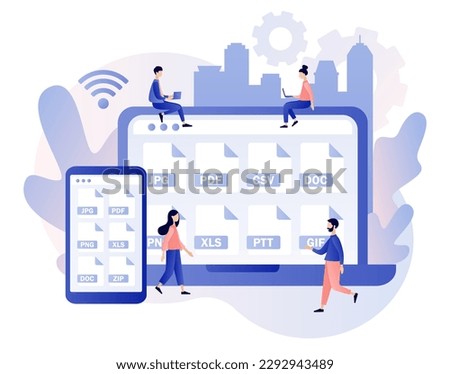 Various file formats in smartphone or laptop. Extension of electronic documents. File type: jpg, pdf, doc,  zip, gif, csv, xls, ppt, png. Modern flat cartoon style. Vector illustration 
