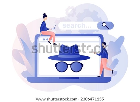 Incognito mode concept. Browse in private. Anonymous search on laptop. Online privacy and personal data protection. Confidential information. Modern flat cartoon style. Vector illustration