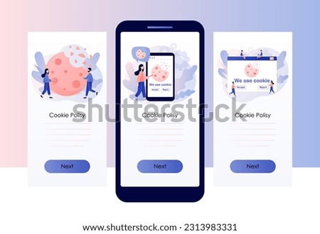 We use cookies policy notification pop up. Protection of personal information cookie. Confidential Information. Screen template for mobile, smartphone app. Modern flat cartoon style. Vector