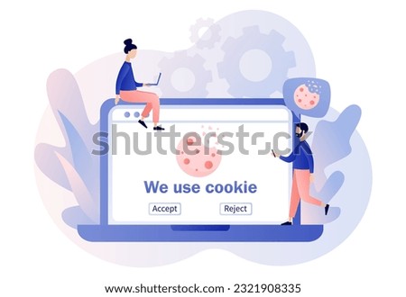 We use cookies policy notification pop up on laptop screen. Protection of personal information cookie. Confidential Information. Modern flat cartoon style. Vector illustration on white background