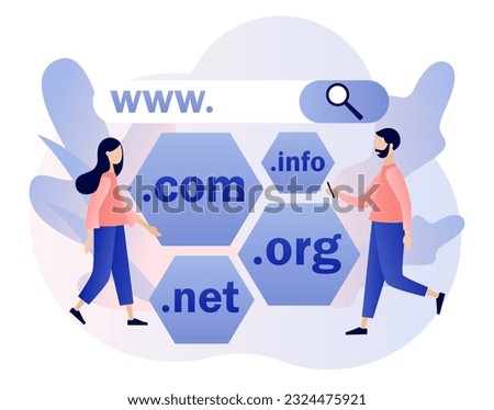 Domain registration concept. Online hosting service. Tiny people choose, find, purchase, register website domain name. Modern flat cartoon style. Vector illustration on white background