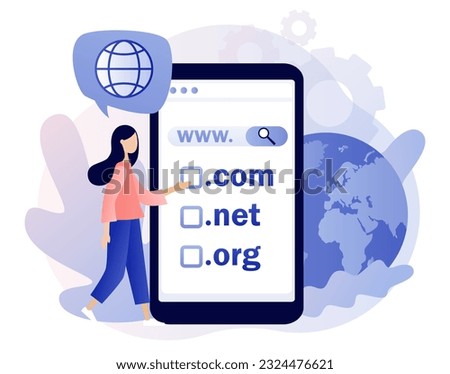 Domain registration concept. Tiny woman choose, find, purchase, register website domain name in snartphone app. Online hosting service. Modern flat cartoon style. Vector illustration 