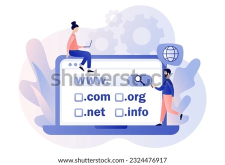 Domain registration concept. Tiny people choose, find, purchase, register website domain name on laptop. Online hosting service. Modern flat cartoon style. Vector illustration on white background