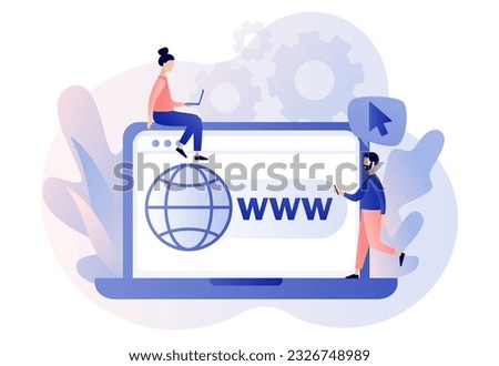 World wide web. Globe internet search concept. WWW icon. Tiny people looking for information on websites on laptop. Modern flat cartoon style. Vector illustration on white background