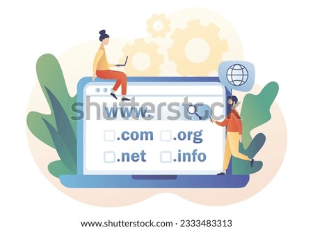 Tiny people choose, find, purchase, register website domain name on laptop. Domain registration concept. Online hosting service. Modern flat cartoon style. Vector illustration on white background