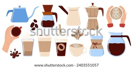 Hot and cold coffee beverage. Collection coffee elements. Espresso coffee, cappuccino and latte. French press, mug, cup, kettle. Coffee shop. Vector 