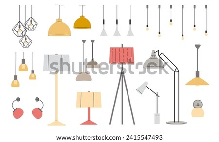 Set of lamps. Collection trendy furniture chandelier, floor and table lamp in flat style. Vector illustration on white background