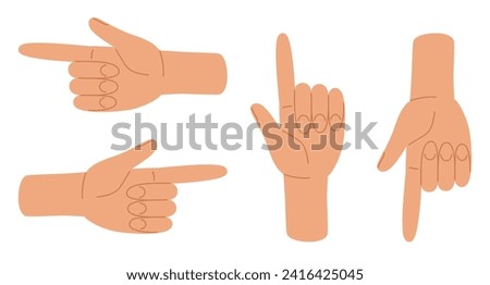 Pointing human hands. Right, left. down, up point fingers gesture. Vector illustration in hand drawn style 