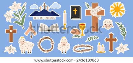 Easter sticker pack. Religious christian signs and symbols. Bible, hands holding cross, dove with branch, cross of Jesus Christ, crown of thorns, bowl and bread, sheep. Holy Week. Vector illustration 