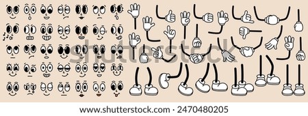 Set of 70s groovy comic faces. Collection elements of cartoon character faces, leg, hand in different emotions happy, angry, sad, cheerful. Vector illustration