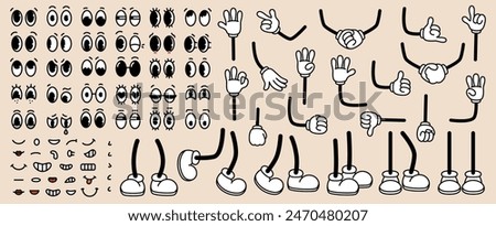 Set of 70s groovy comic faces. Collection elements of cartoon character faces, leg, hand in different emotions happy, angry, sad, cheerful. Vector illustration