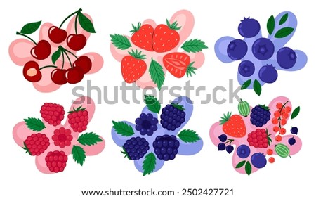 Berries set on abstract background. Cherry, raspberry, blueberry, blackberry, strawberry and other berry taste. Fresh summer juicy berry. Flat Vector illustration