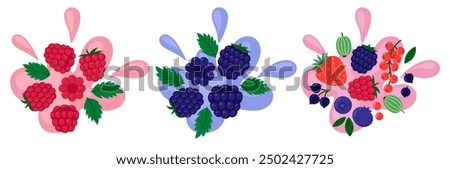 Berries set on abstract background. Cherry, raspberry, blackberry and other berry taste. Fresh summer juicy berry. Flat Vector illustration