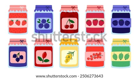 Berry jam. Glass jar of preserved Cherry jam, black currant, raspberry, gooseberry, blueberry, blackberry, strawberry, barberry, sea buckthorn confiture in bottle. Flat Vector illustration isolated