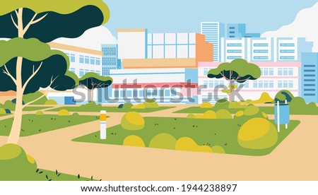 university campus buildings with clean large green park around the campus. used for landing page illustration, website image and other