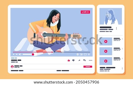 young girl playing guitar while singing in video content on video sharing channel on desktop view vector illustration. used for website image, poster and other Сток-фото © 