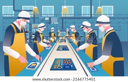 Uniformed workers line up assembling circuit computer board on conveyor belt, electronics factory production activity. flat illustration, monochrome color