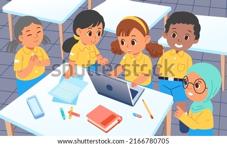 Diversity culture girls and boys are interested and excited to do assignments with laptops in the classroom, all study happily