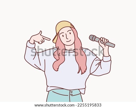 Rapper girl sing hold microphone korean illustration style